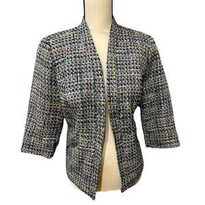 Investments Petite Tweed Blazer Size 12P Black Multicolor Plaid Open Front